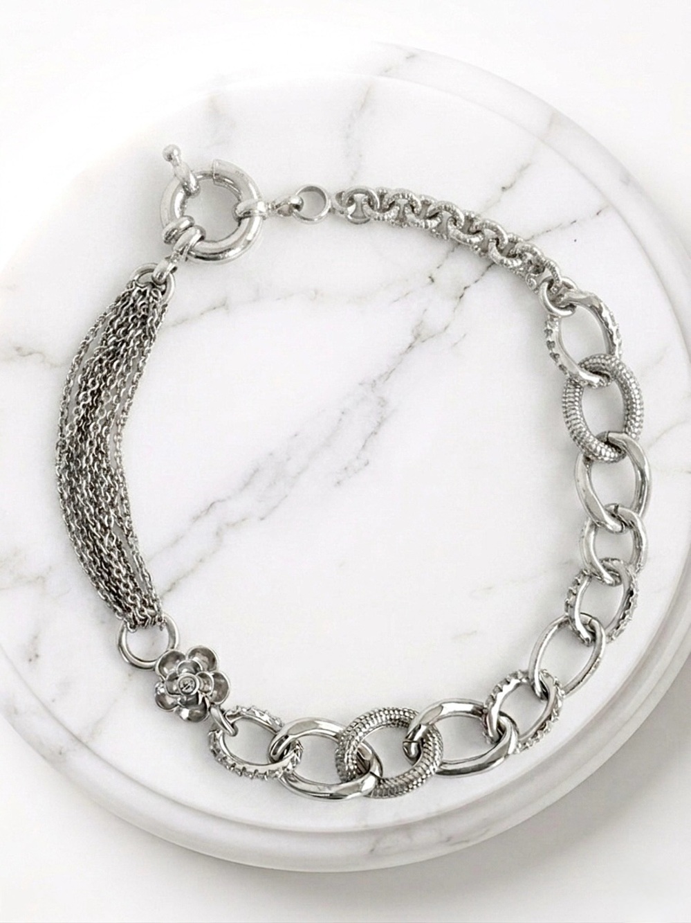 Platinum Plated Multi-Chain Bracelet w/ Floral Accent | Silver Tone Chunky Link